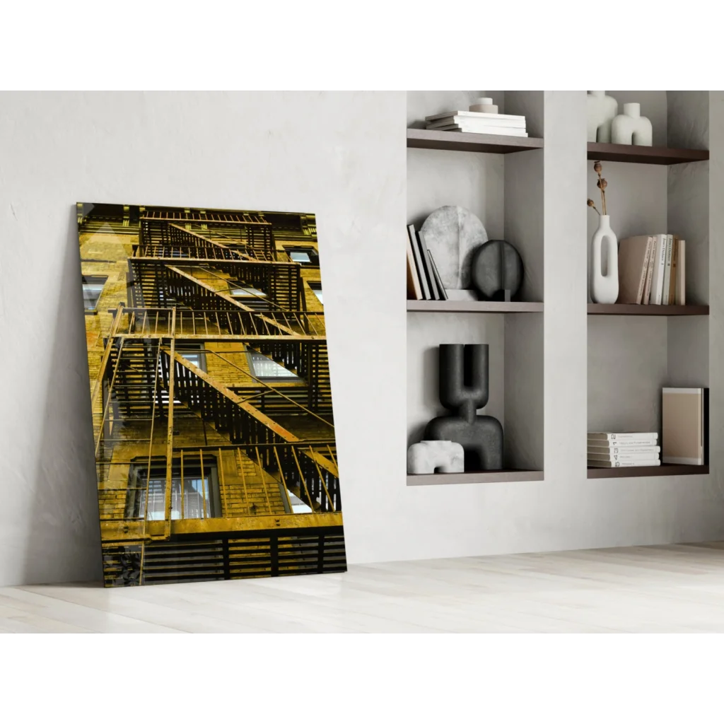 Vintage fire escape glass wall art print in golden black tones