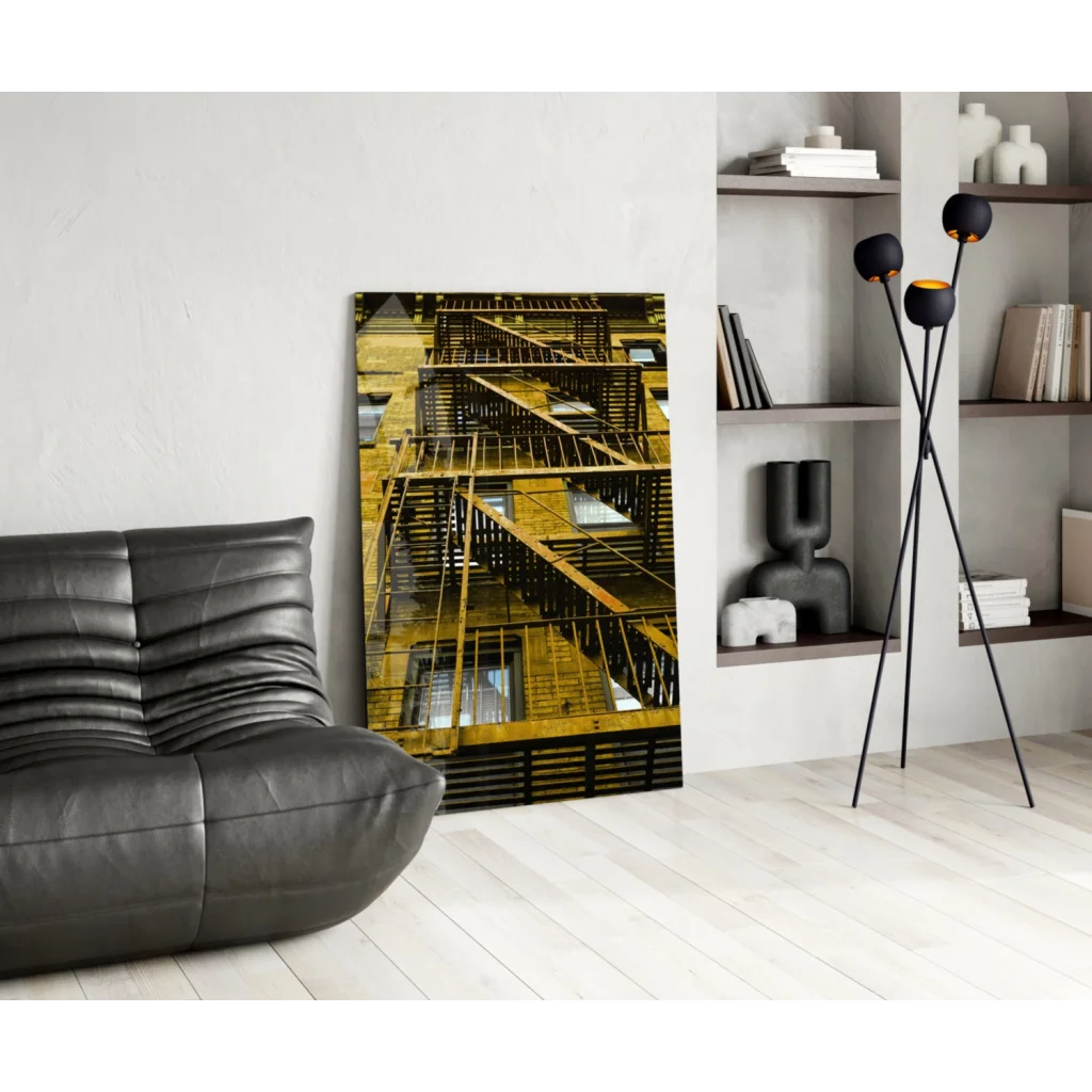 Vintage fire escape on yellow black glass wall art print