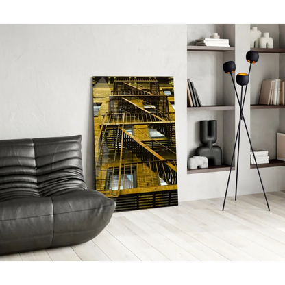 Vintage fire escape on yellow black glass wall art print