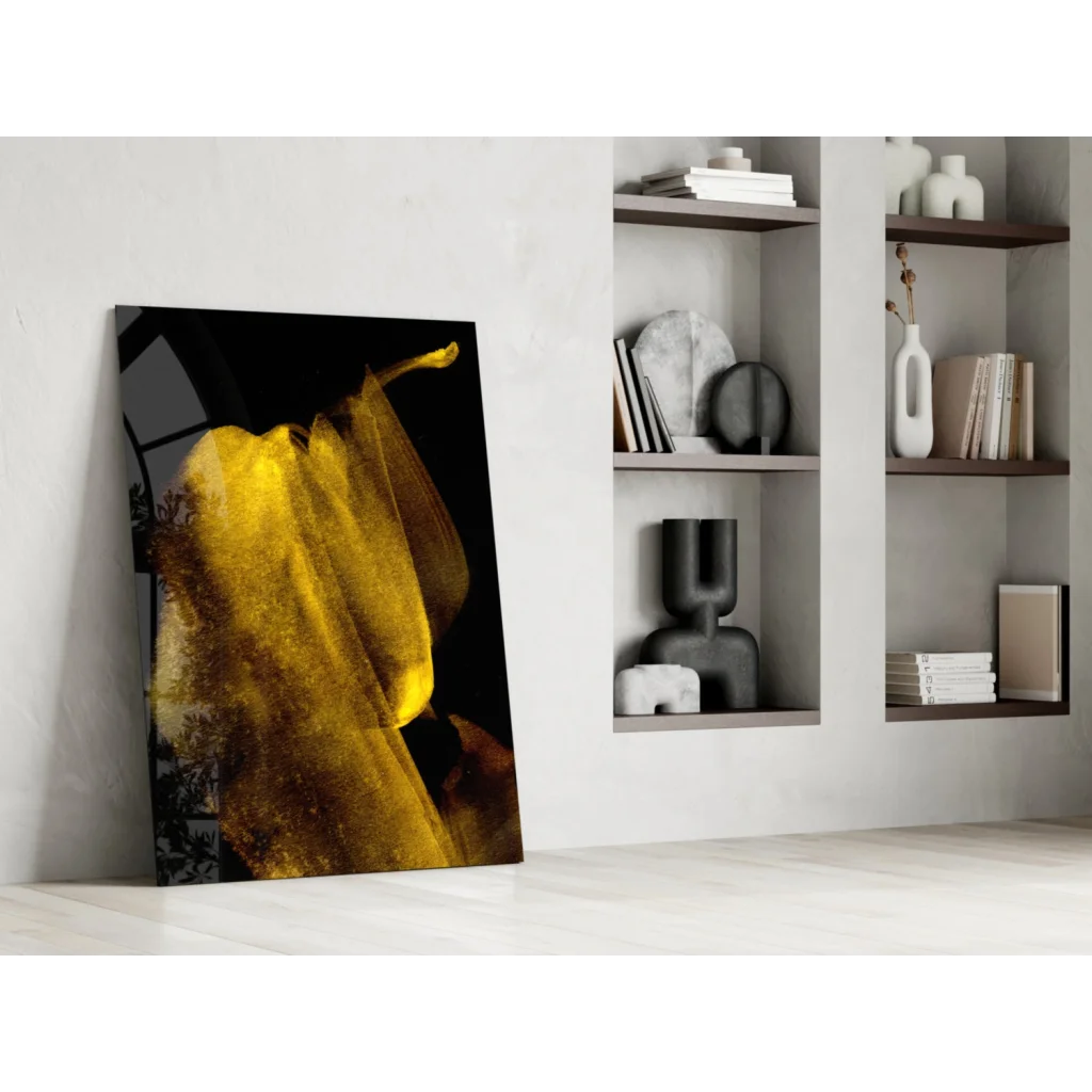 Vibrant golden glass wall art canvas print leaning on white wall