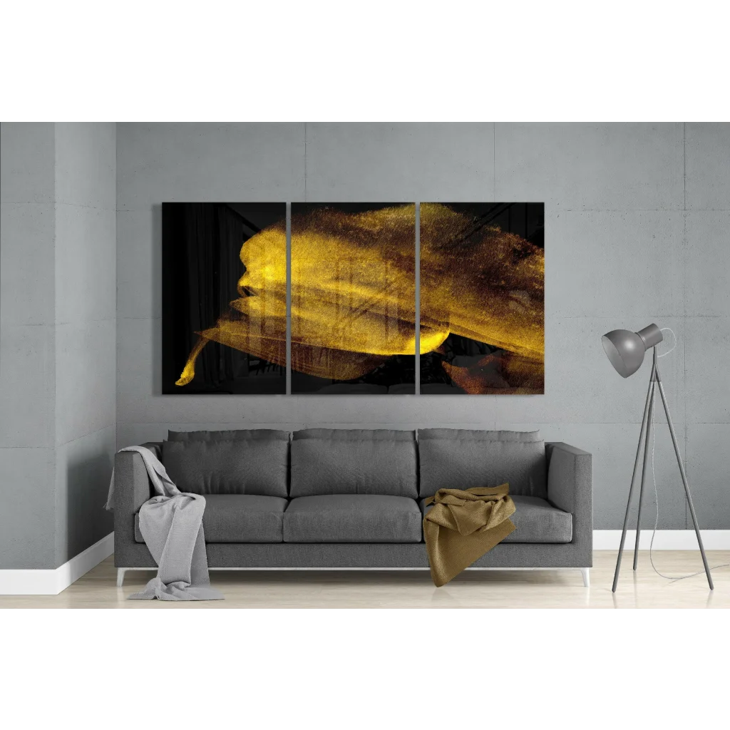 Stunning golden leaf triptych wall art on black canvas