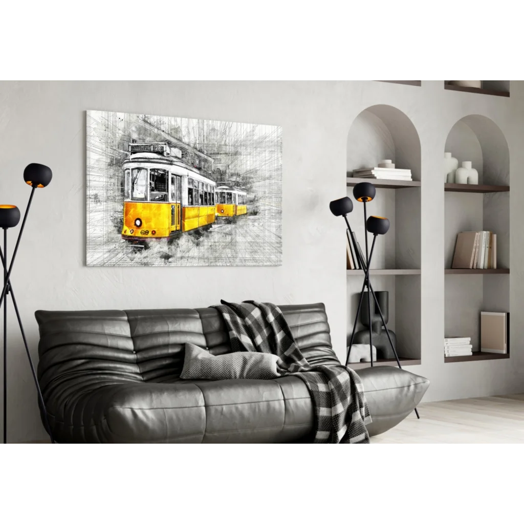 Vintage Yellow Tram Sketch Canvas Wall Art Print | Contemporary Home Wall Art | vintageantiquesgifts.com