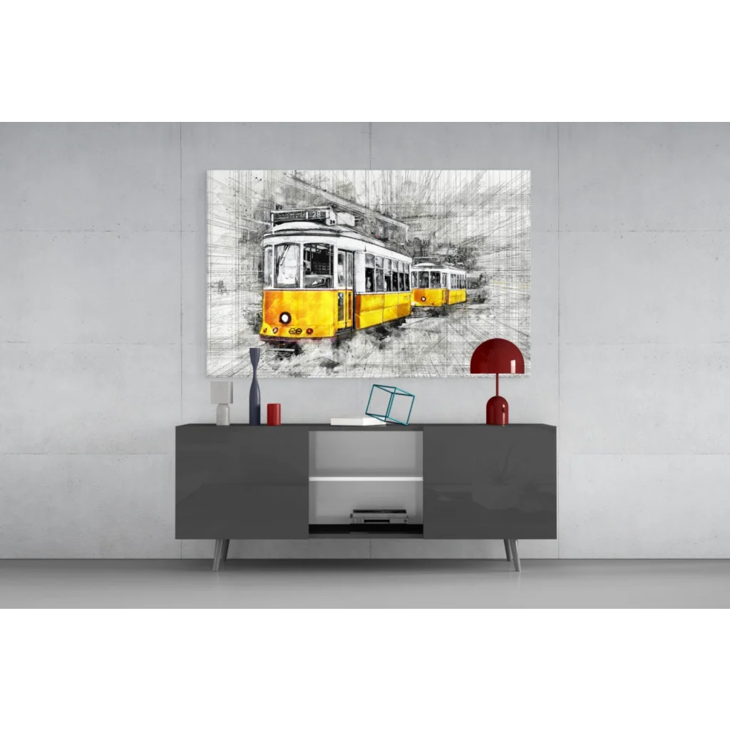 Vibrant yellow tram sketch wall art print