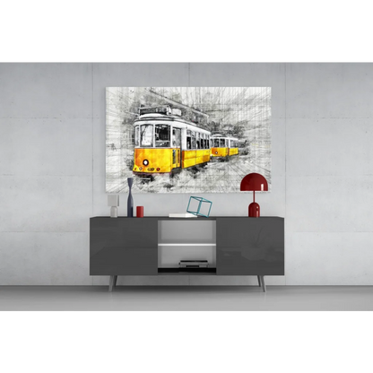 Vibrant yellow tram sketch wall art print