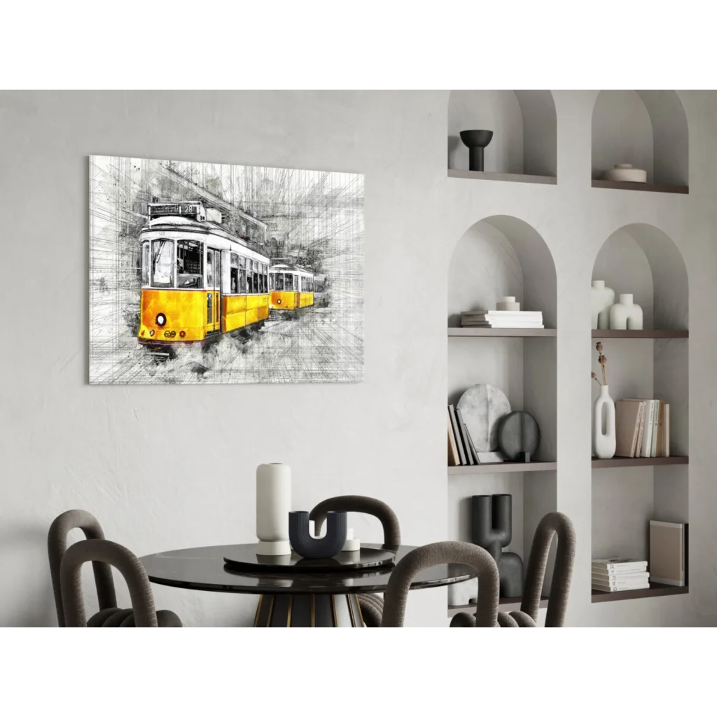 Stylized yellow tram sketch wall art print on canvas