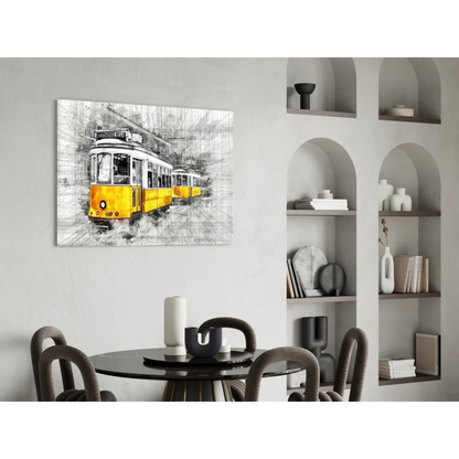 Stylized yellow tram sketch wall art print on canvas