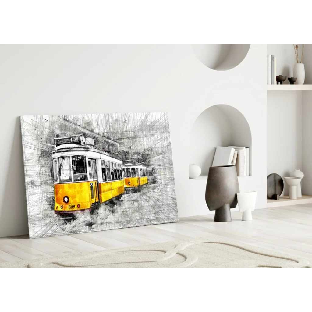Vintage Yellow Tram Sketch Canvas Wall Art Print | Modern Wall Art Decor | vintageantiquesgifts.com