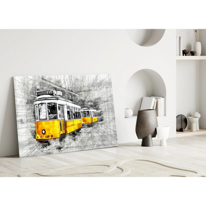 Vintage Yellow Tram Sketch Canvas Wall Art Print | Modern Wall Art Decor | vintageantiquesgifts.com