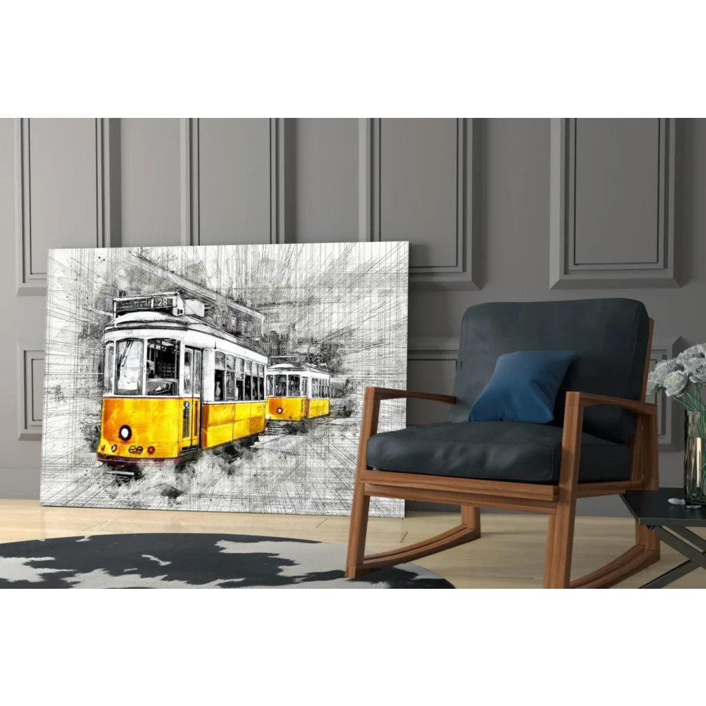 Vibrant yellow vintage tram sketch canvas wall art print
