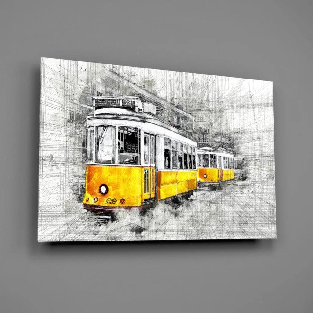 Vintage Yellow Tram Sketch Canvas Wall Art Print | Glass Wall Art Print | vintageantiquesgifts.com