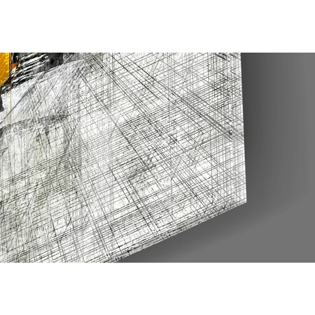 Abstract black and white grid line art on vintage yellow tram canvas wall art print