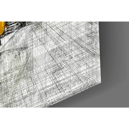 Abstract black and white grid line art on vintage yellow tram canvas wall art print