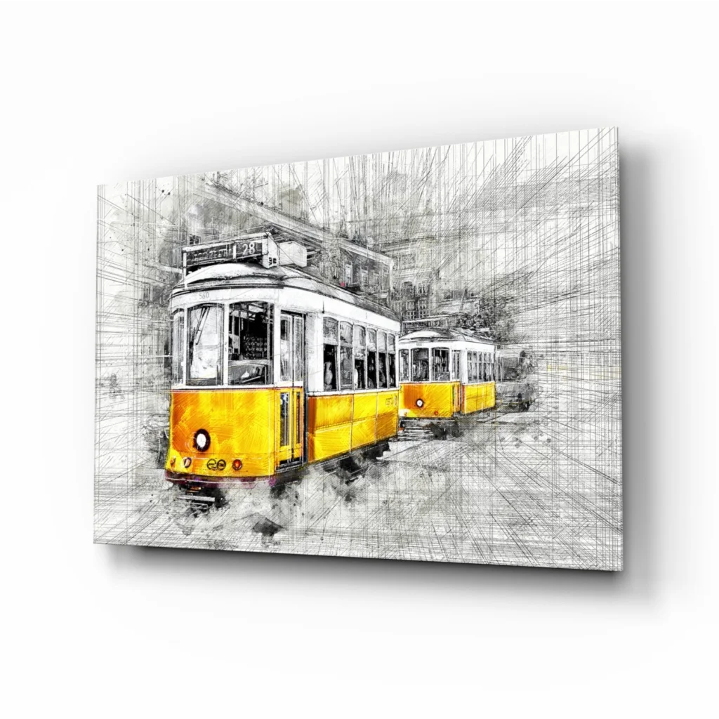 Vintage Yellow Tram Sketch Canvas Wall Art Print | Insigneart USA | vintageantiquesgifts.com