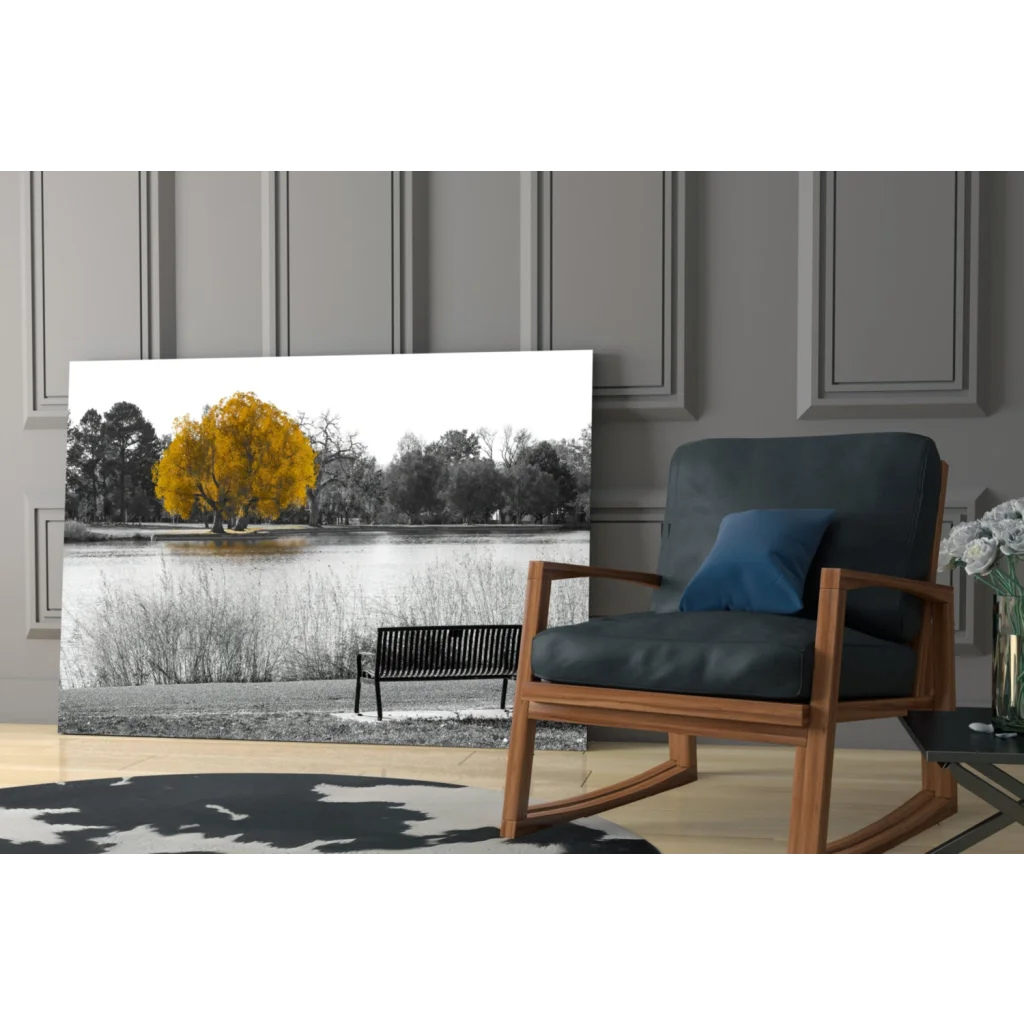 Striking golden tree lakeside glass wall art canvas print