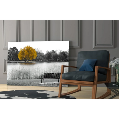 Striking golden tree lakeside glass wall art canvas print
