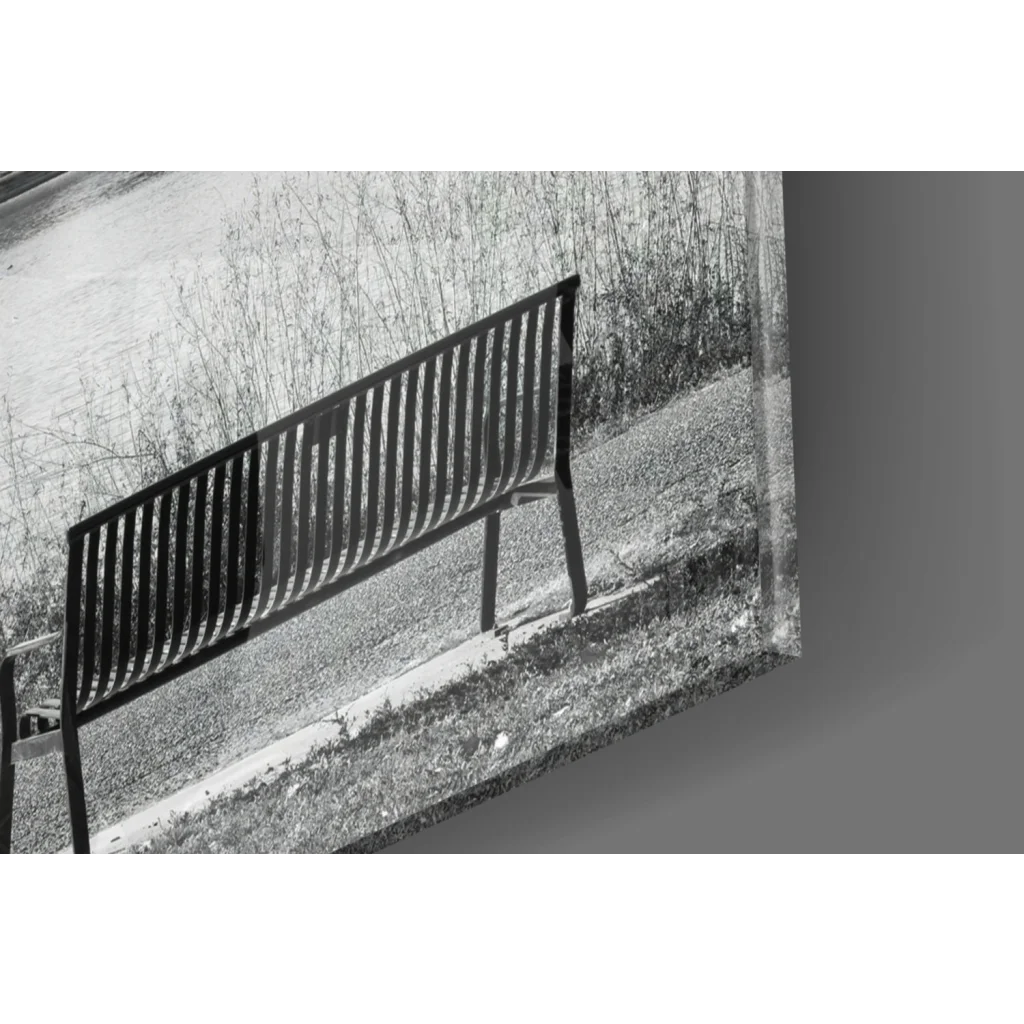 Golden Tree Lakeside glass wall art canvas print with metal bench