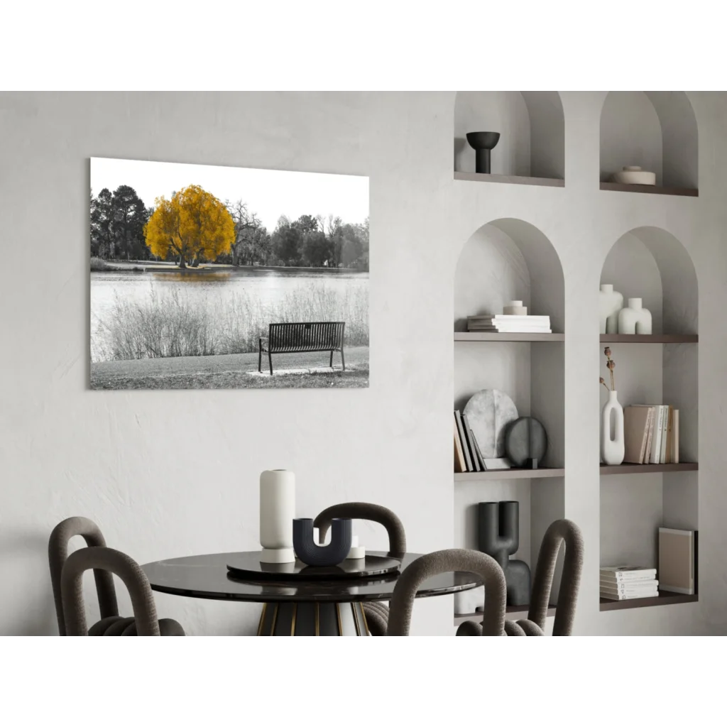 Golden Tree Lakeside glass wall art canvas print with yellow tree and bench