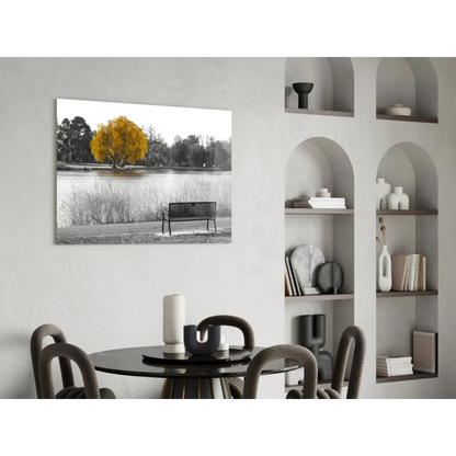 Golden Tree Lakeside glass wall art canvas print with yellow tree and bench