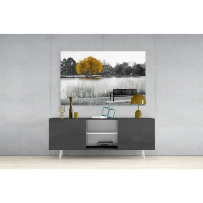 Golden Tree Lakeside glass wall art canvas print on gray console