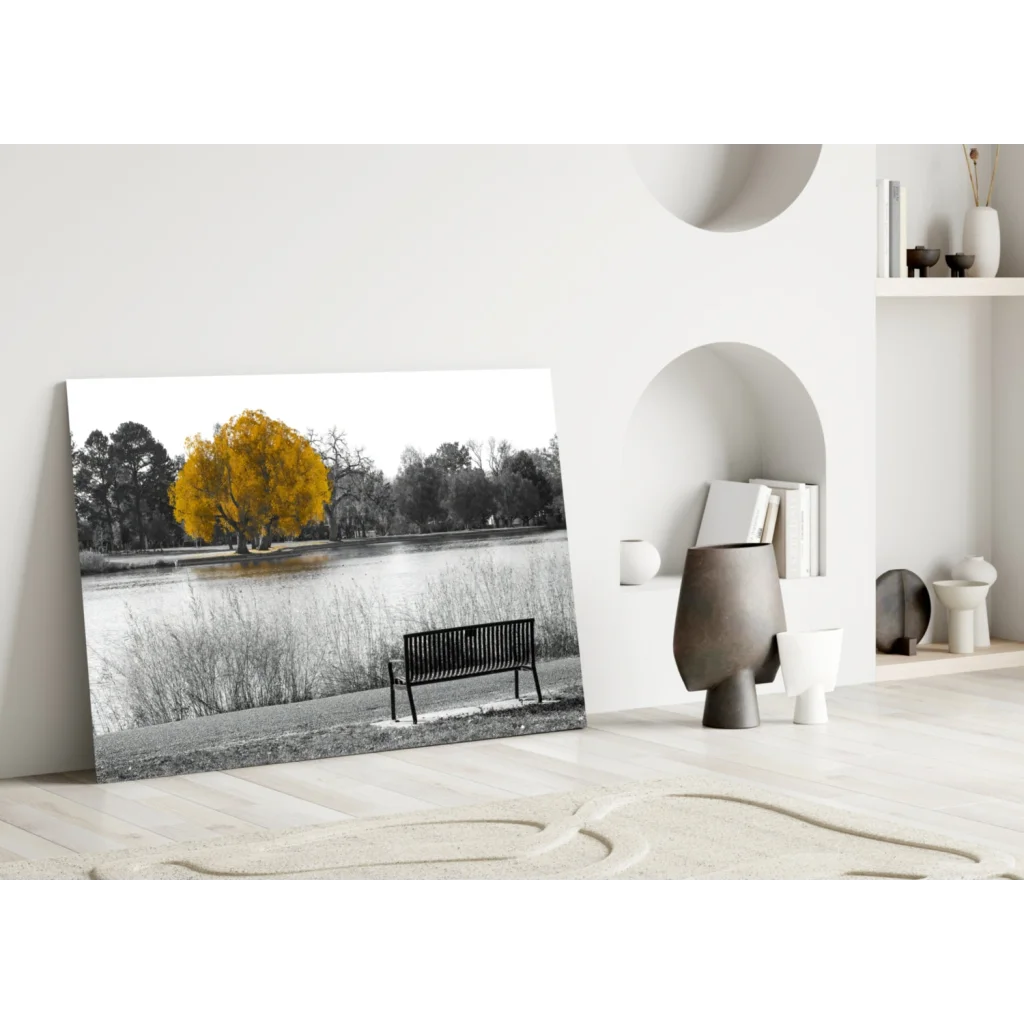 Golden tree lakeside glass wall art canvas print with yellow foliage