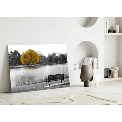 Golden tree lakeside glass wall art canvas print with yellow foliage
