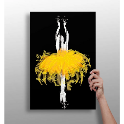 Yellow tutu ballerina aluminum wall art print on black background