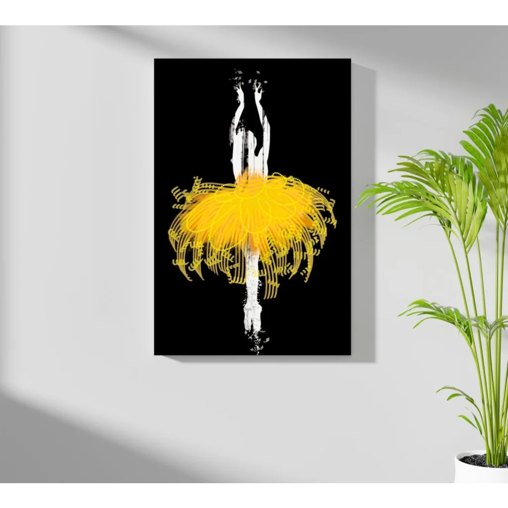 Yellow tutu ballerina aluminum wall art print with black background and white outline