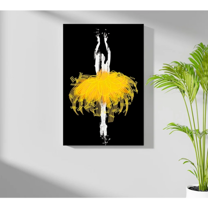 Yellow tutu ballerina aluminum wall art print with black background and white outline
