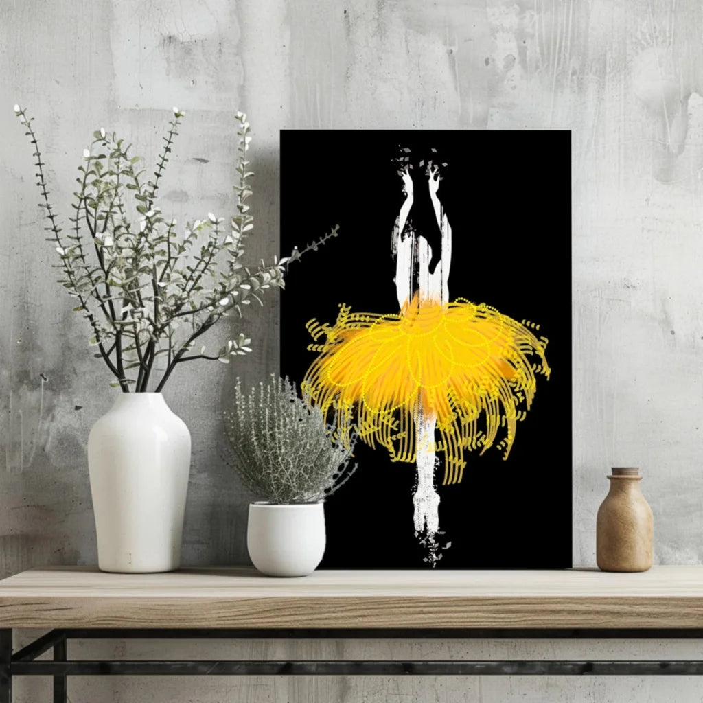 Yellow Tutu Ballerina Aluminum Wall Art Print on Black Background