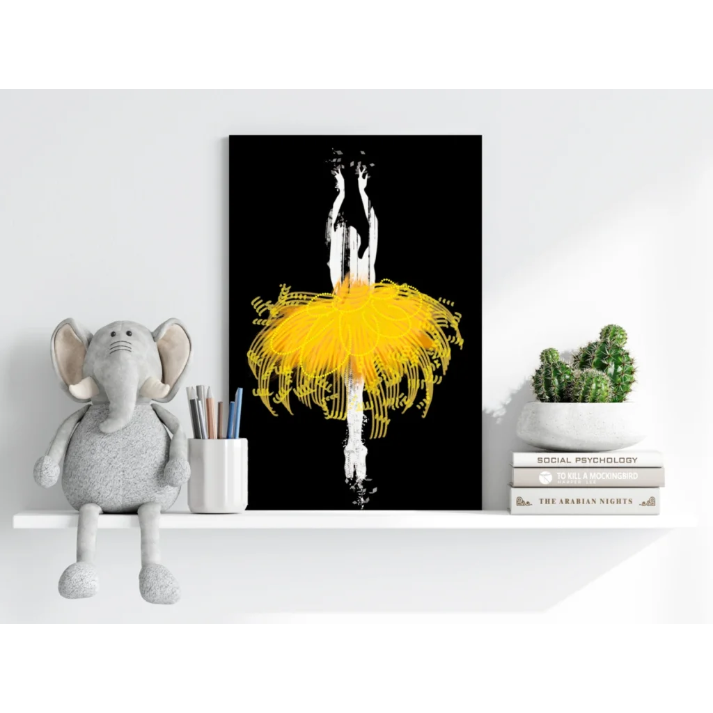 Yellow Tutu Ballerina aluminum wall art print on black background
