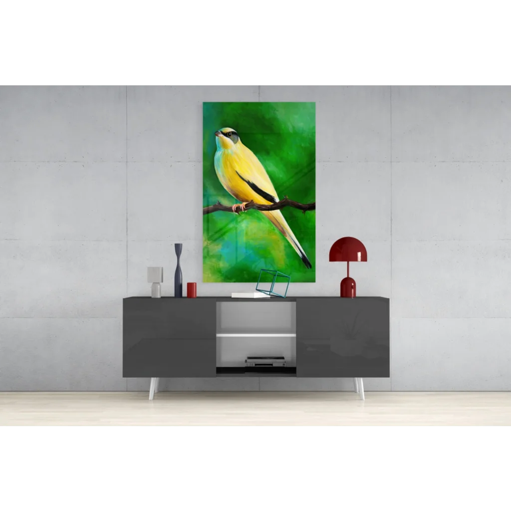 Vibrant yellow bird glass wall art on textured green background