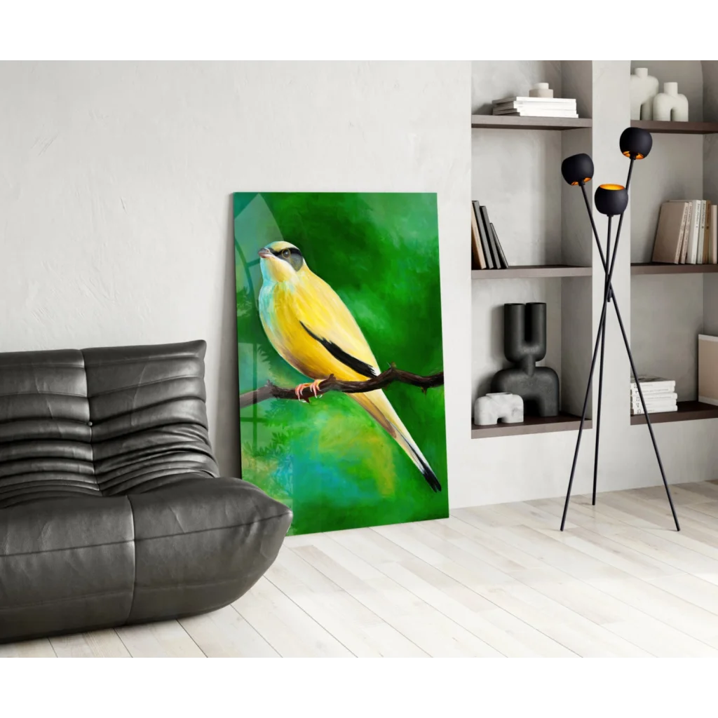 Stunning yellow bird glass wall art on green background