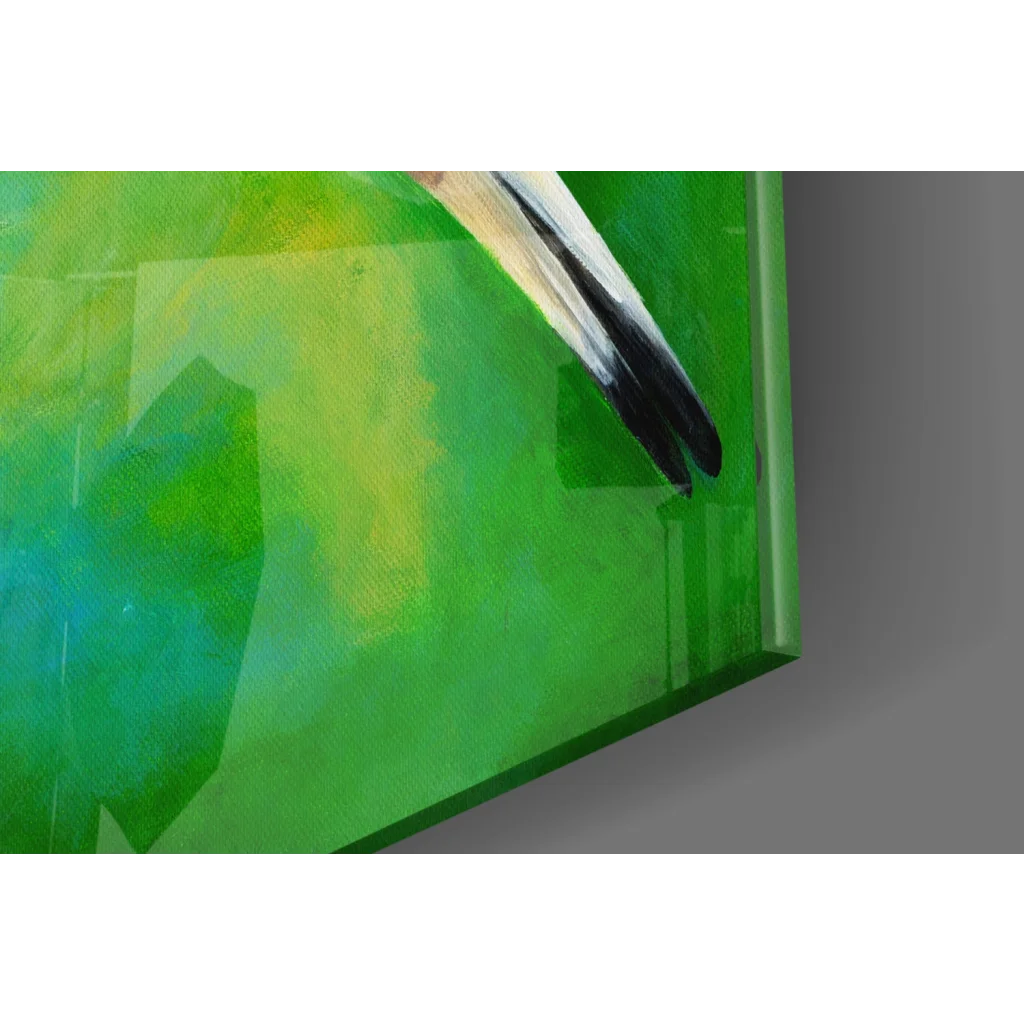 Vibrant green abstract glass wall art with yellow bird accents