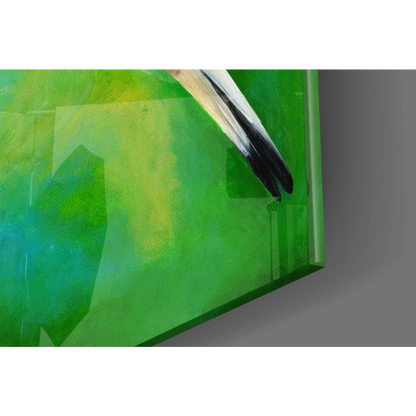 Vibrant green abstract glass wall art with yellow bird accents