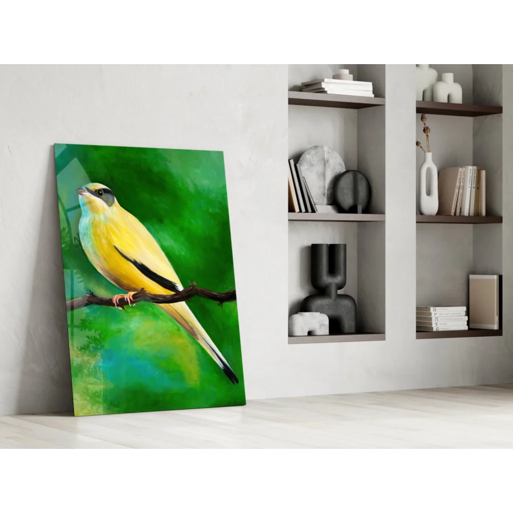 Vibrant yellow bird glass wall art on green canvas, perched on branch