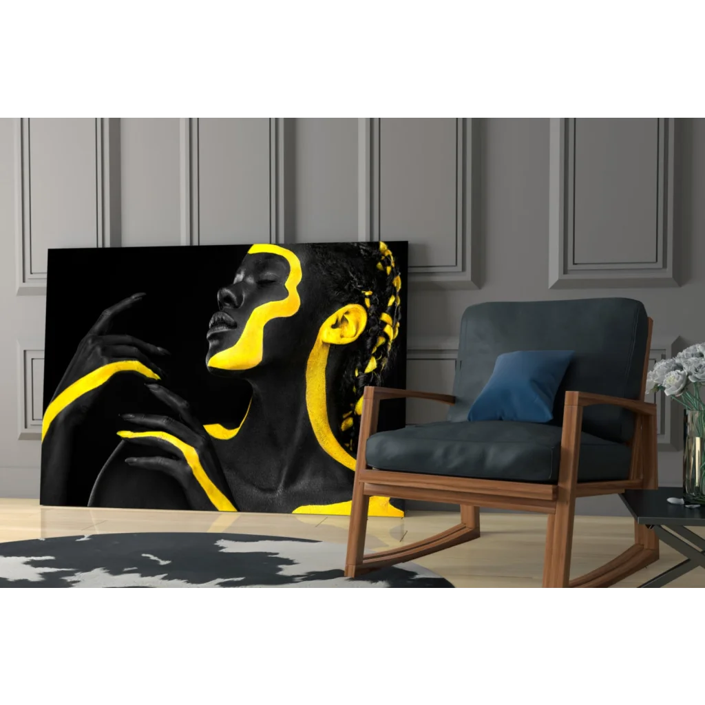 Bold yellow abstract portrait canvas wall art of stylized woman