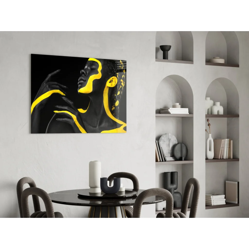 Bold yellow abstract portrait canvas wall art in black and yellow