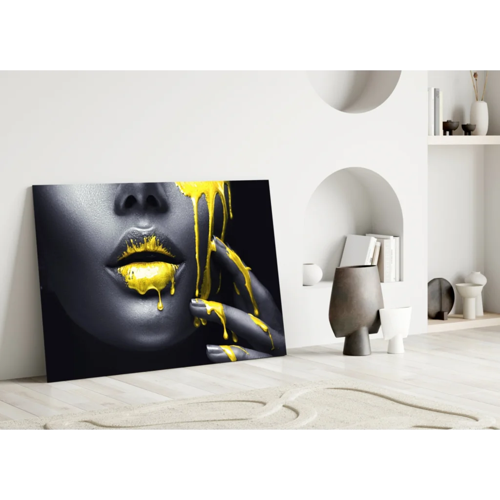 Black and gold lips with dripping paint canvas wall art