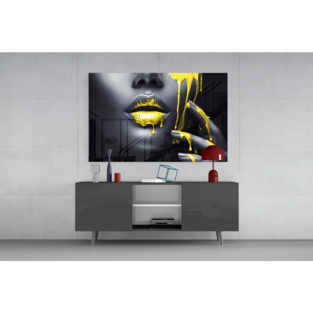 Bold black-and-white lips with yellow drip canvas wall art