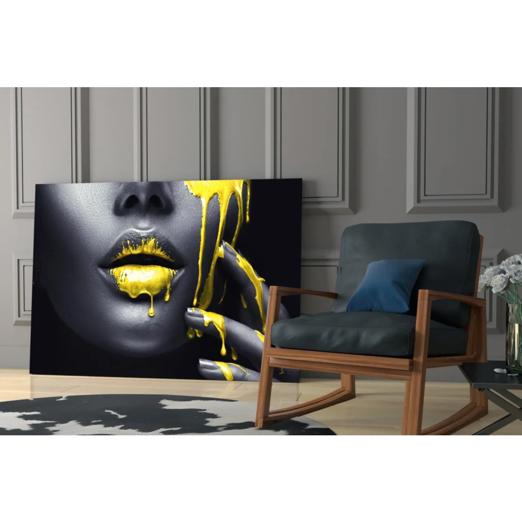 Black and gold abstract woman face wall art with dripping yellow paint on canvas