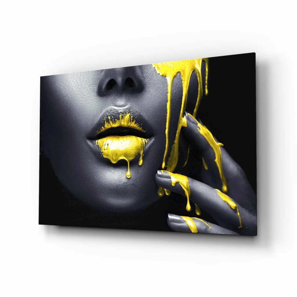 Black and gold abstract face canvas wall art with dripping golden paint
