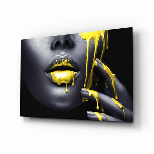 Black and gold abstract face canvas wall art with dripping golden paint