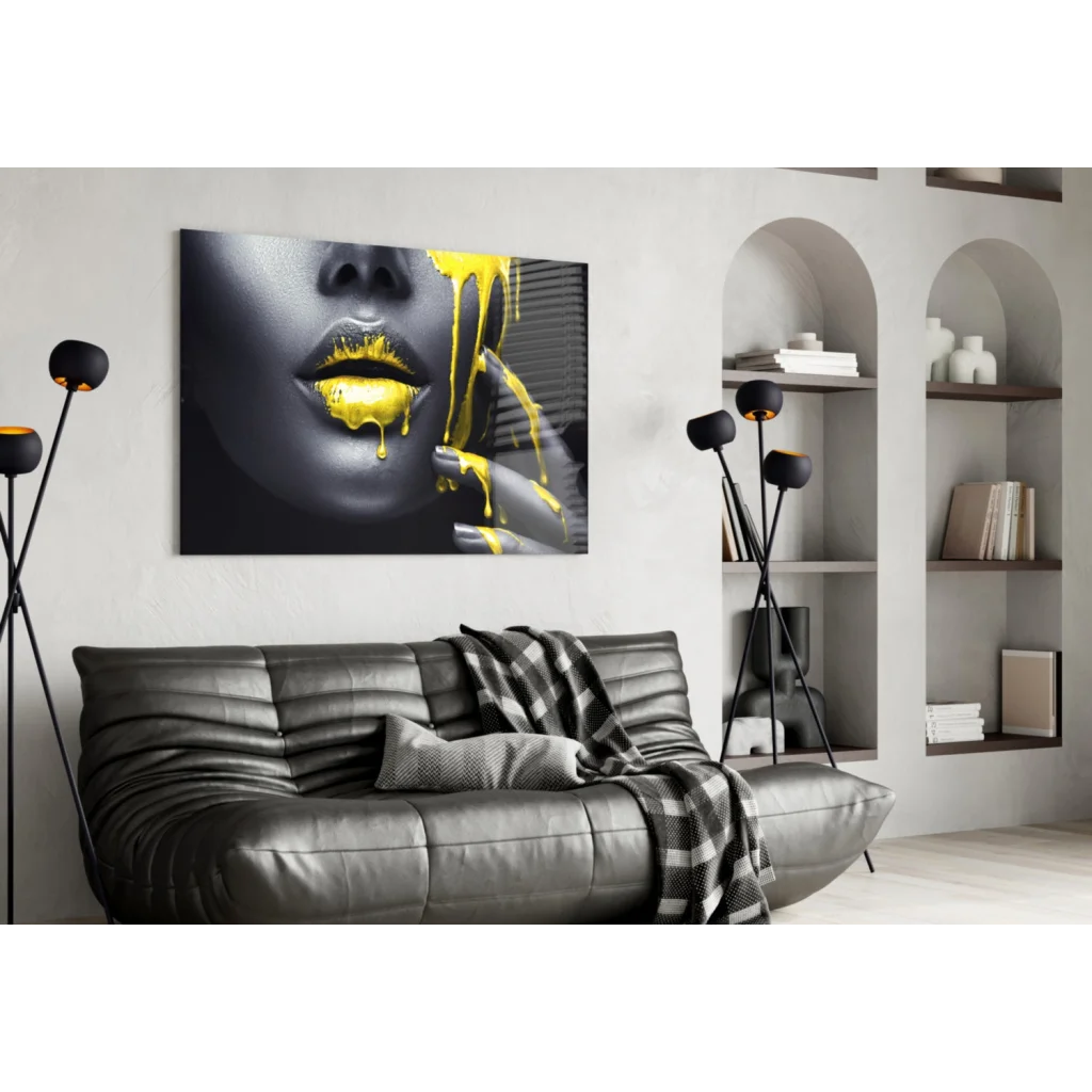 Black and gold abstract lips canvas wall art with dripping yellow paint