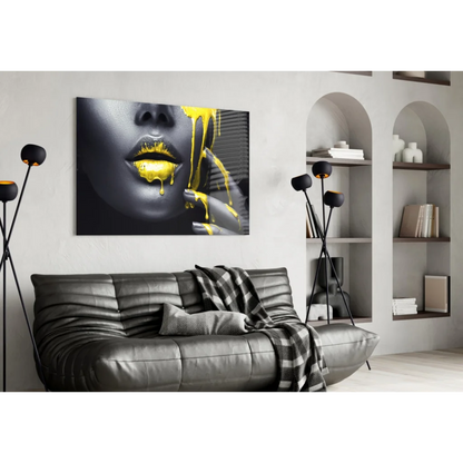 Black and gold abstract lips canvas wall art with dripping yellow paint
