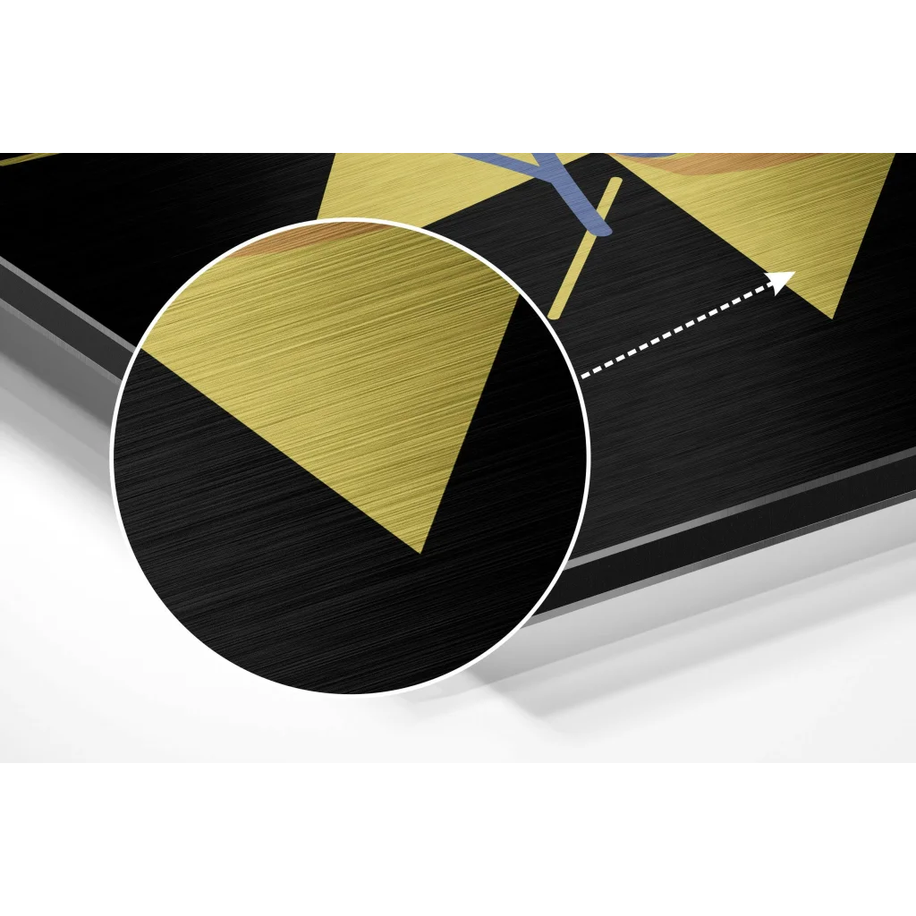 Black and gold geometric clock on brushed aluminium dibond