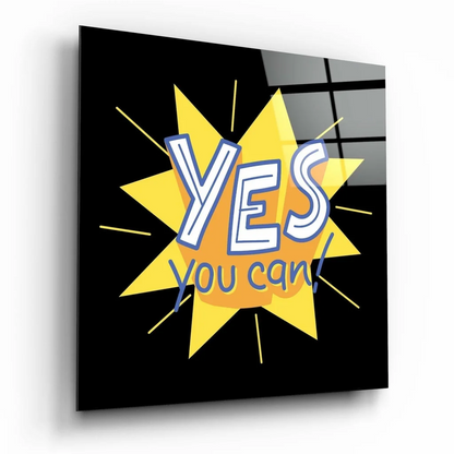 Yes You Can Motivational Glass Wall Art with Yellow Starburst | Insigneart USA | vintageantiquesgifts.com
