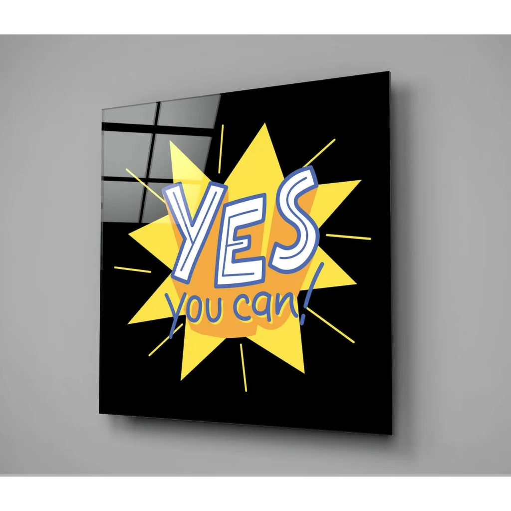 Yes You Can Motivational Glass Wall Art with Yellow Starburst | Modern Wall Art Decor | vintageantiquesgifts.com