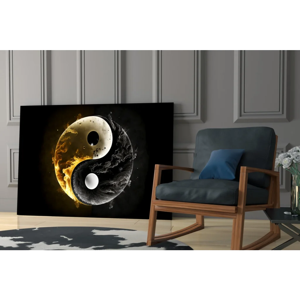 Fiery black and gold yin-yang glass wall art canvas print