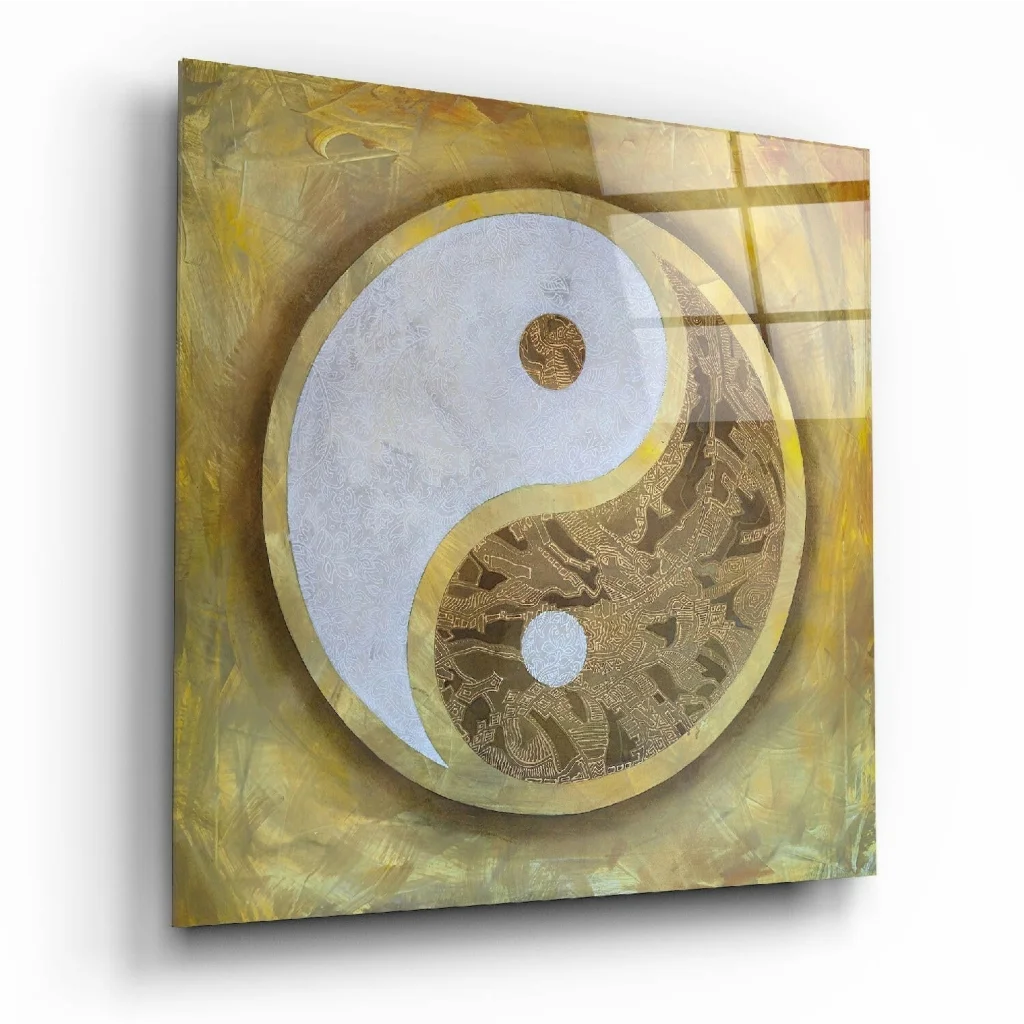 Golden yin yang glass wall art with textured metallic layers