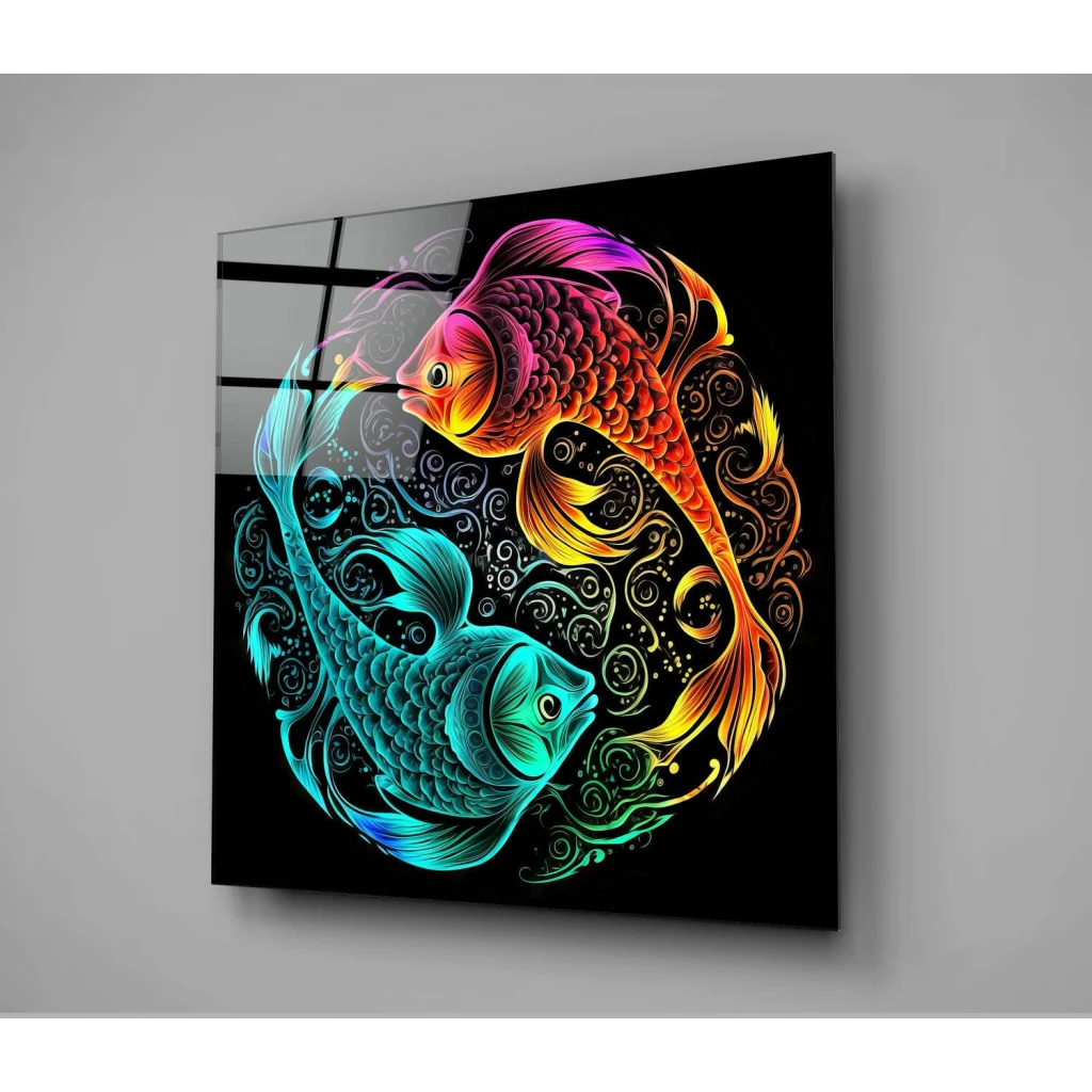 Neon Koi Fish Glass Wall Art with Black Frame | Glass Wall Art Print | vintageantiquesgifts.com